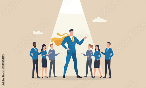 Best success for staff meeting teams together or discover high performance employee, leadership, hiring or recruitment concept, confidence businessman superhero with spotlight shining