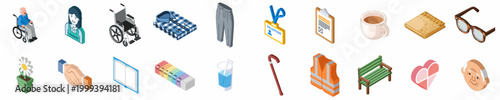 Isometric collection of elderly care and volunteer icons featuring a wheelchair, senior citizen, pill organizer, and various healthcare related objects for retirement homes.