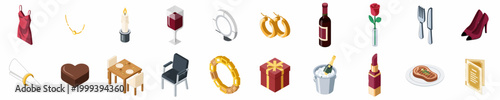 Isometric Romantic Date Night and Fine Dining Icons Set Featuring Wine, Food, Jewelry, and Fashion Accessories for a Romantic Celebration