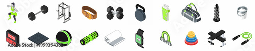 Comprehensive collection of isometric gym equipment and fitness icons featuring weights, workout gear, and exercise accessories for health and bodybuilding themes.