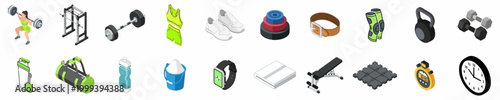 Comprehensive collection of isometric gym equipment and fitness icons, featuring weights, accessories, and workout gear for bodybuilding and training.