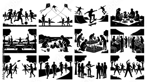Black and White Silhouette Vector Icons Set of Outdoor Lifestyle and Recreation Activities