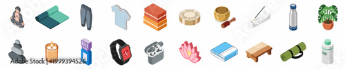 Comprehensive collection of isometric yoga meditation and wellness icons featuring equipment accessories and relaxation tools for a healthy lifestyle.