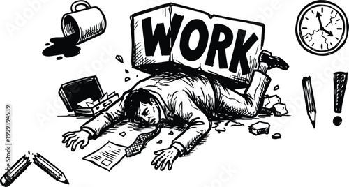 Black and white line art businessman crushed by work block sprawled among office rubble
