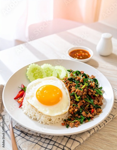 Spicy pork with basil leaf and rice on top with fried eggs in plate