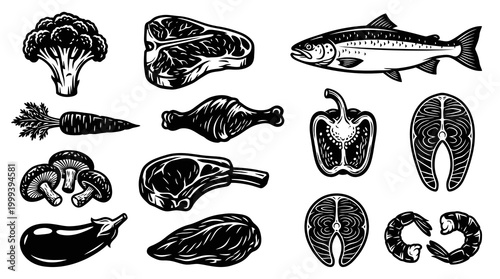 Vintage Engraved Food Icons Set - Meat, Fish, Seafood, and Vegetables