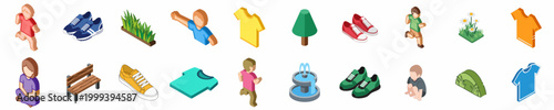 Isometric Park and Outdoor Lifestyle Icon Set with People, Clothing, Shoes, and Garden Elements