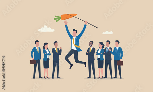 Motivation employe manipulation concept, seduced businessman jump in the air to catch tempting carrot baiting lure from the stick