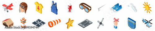 Isometric Set of Aviation and Childhood Adventure Icons Including Vintage Planes, Pilot Accessories, and Airport Elements