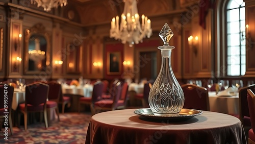 salver. A silver salver and crystal decanter on a velvet table in a banquet hall. bar promotions, beverage menus, designed for product packaging and bar promotions, inspires menu design.