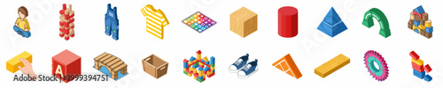 Collection of isometric icons featuring children's toys, building blocks, clothing, and educational play elements on a white background.