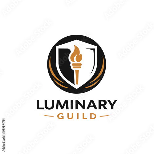 Luminary guild logo featuring a shield and torch. Perfect for organizations seeking a prestigious and illuminating emblem for branding.