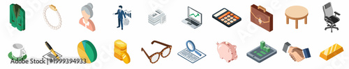 Comprehensive Set of Isometric Business and Finance Icons Featuring Professional Tools, Office Equipment, Investment Symbols, and Corporate Elements