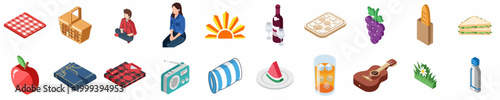 Isometric Picnic Icons Set Featuring People, Food, Drinks, and Outdoor Leisure Equipment on White Background