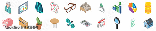 Isometric Icon Set Representing Retirement Planning, Senior Lifestyle, Personal Finance, and Home Management Essentials for the Elderly.
