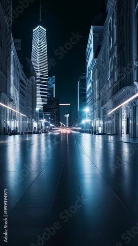 Wide empty street reflects blue and white city lights, skyscrapers on both sides, wet asphalt shines, futuristic nighttime atmosphere of urban solitude