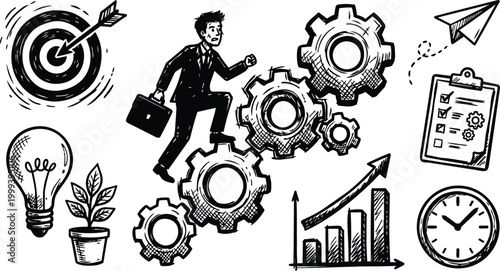 Hand drawn businessman climbing gears with briefcase target lightbulb plant and growth chart monochrome