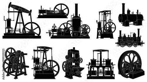 Antique Industrial Machinery Silhouettes Vector Icons - Vintage Steam Engines  Engineering Glyphs