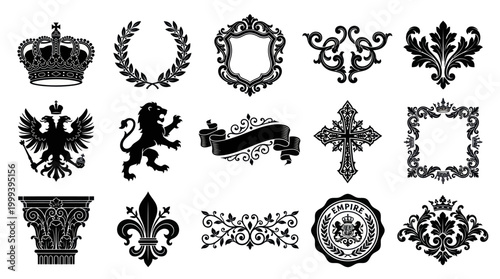 Luxury Royal Heraldry Black  White Glyph Vector Ornaments  Design Elements Set