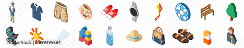 A comprehensive isometric collection of icons depicting family life, parenting, summer activities, clothing, and outdoor leisure items on a white background.