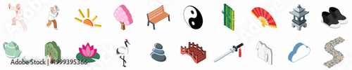 Isometric collection of traditional Chinese culture icons including Tai Chi, Zen philosophy elements, and nature symbols for wellness and martial arts themes.