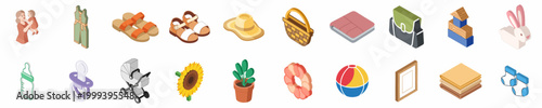 Isometric set of motherhood and childhood icons featuring baby items, clothing, toys, and summer accessories on a white background.