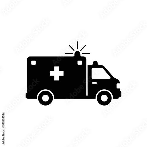 Emergency medical services ambulance vehicle with flashing lights and cross symbol.