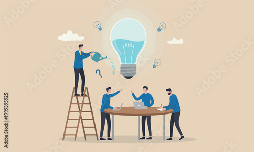 Idea, genius,meeting teams together skill improvement or career growth concept, smart businessman on ladder watering to fill in liquid in idea light bulb