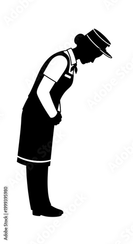 Silhouette of a person in uniform bowing deeply in a gesture of respect or apology.
