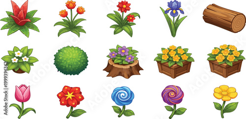 Garden Game Asset Icon Set Featuring Colorful Flowers Plants Wood Logs and Planters for Mobile App and UI Graphic Design Vector Illustration
