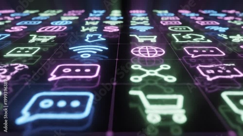 Rows of glowing neon digital icons representing e-commerce and global connectivity on a dark perspective grid