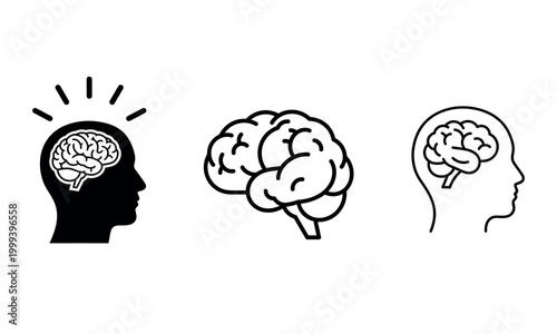 Brain silhouette icons human head profiles with cerebral cortex illustrations