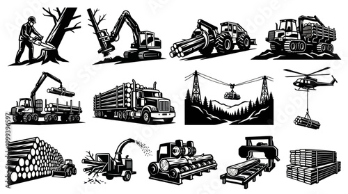 Logging and Timber Industry Equipment, Wood Processing - Black  White Line Art Set