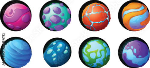 Abstract galaxy adventure assets featuring magic planets and futuristic sky vehicle designs vector