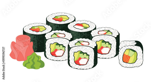 Variety of fresh sushi rolls with avocado and salmon is served with a side of pink pickled ginger and green wasabi on a white background.