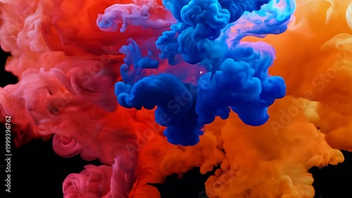 Vibrant blue and red ink clouds swirl underwater, forming soft abstract shapes against orange background, dynamic fluid motion, concept of creativity and contrast
