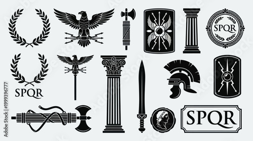 Ancient Rome Symbols Vector Pack: Eagle, Column, Shield, Helmet, Sword, SPQR