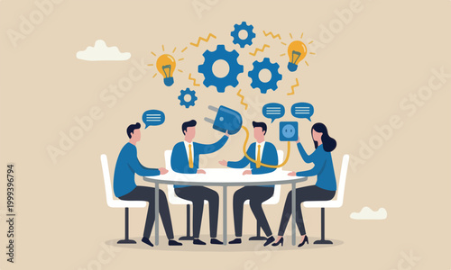 Communicate, idea, collaboration or cooperate to success, connect idea for solution concept, businessman connect plug between conversation dialogue