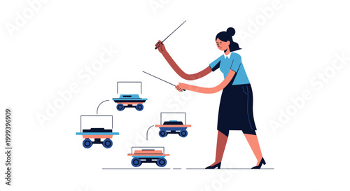 Businesswoman conducting a team of autonomous robots in a modern office setting, symbolizing teamwork and automation.