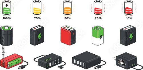 Isometric Battery Charge Level Indicator Set with Power Banks Chargers and Portable Energy Storage Devices for Electronic Device Interface Design Vector Illustration