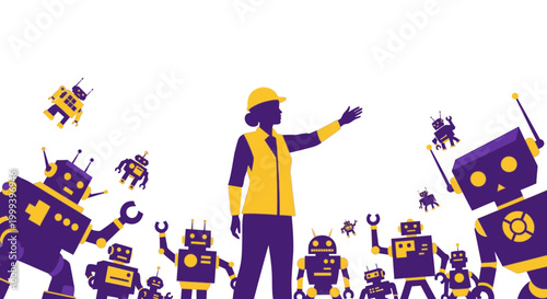 Woman engineer in hard hat surrounded by many purple robots, futuristic technology, innovation, and teamwork concept