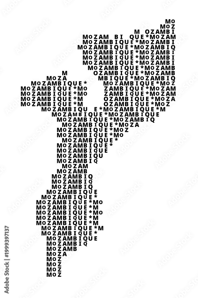 Fototapeta premium Typographic Map of Mozambique with a pattern of capital letters only showing the english name of the country