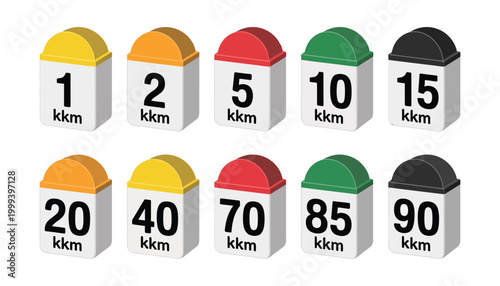 Destination milestone, roadside distance marker stones showing numbered route indicators from 1 to 90 for navigation and travel direction guidance illustration.