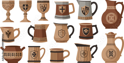 Medieval-Inspired Ceramic Mugs, Goblets, and Pitchers with Heraldic Shields and Engraved Patterns for Vintage and Fantasy Designs