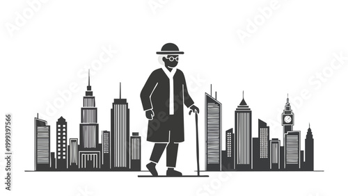 Senior Man Walking With Cane In City Skyline, Urban Lifestyle & Retirement Concepts