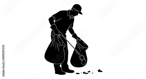A silhouette of a person wearing a cap and gloves, collecting litter with a grabber tool and two bags.