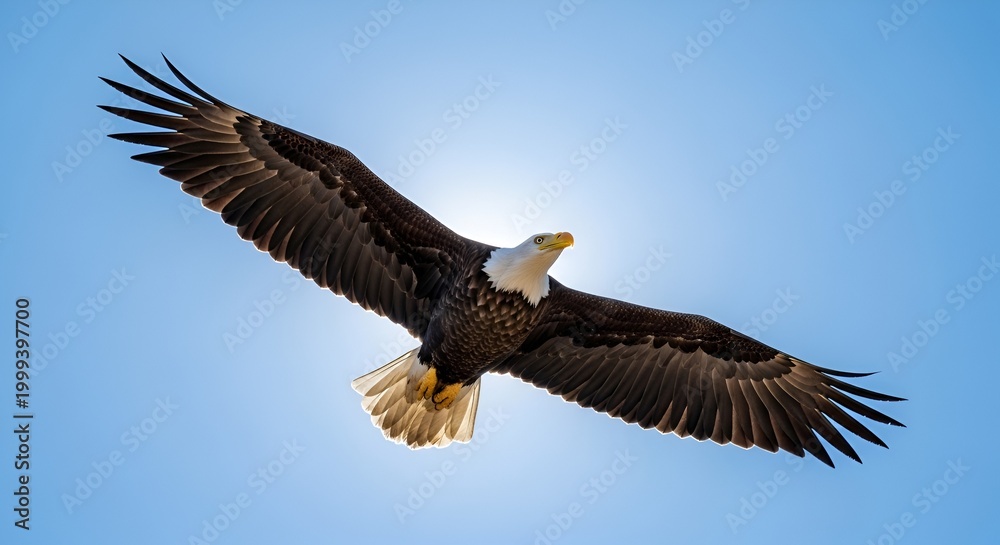 Obraz premium Majestic Bald Eagle Soaring Against Bright Blue Sky with Sun Rays