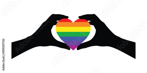 Black silhouette hands holding a rainbow colored heart shape Vector