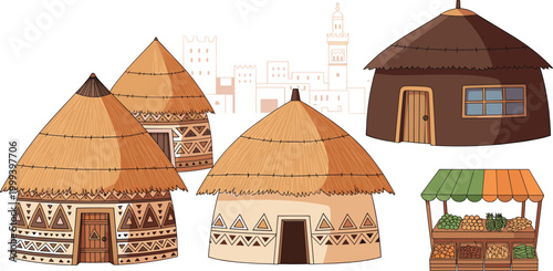 Traditional African Village Hut Set with Tribal Pattern Mud Houses and Local Market Stall Vector Illustration for Cultural Design