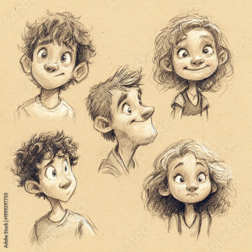Characters feature diverse facial expressions in a hand-drawn graphite style sketch.